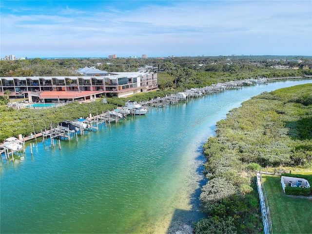 drone / aerial view with a water view
