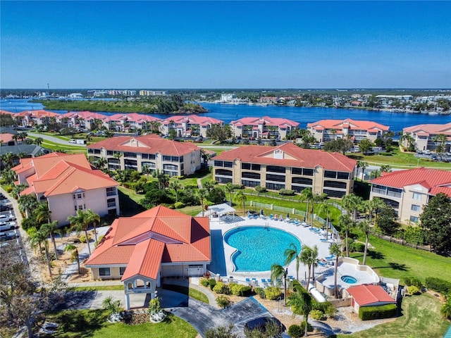 drone / aerial view with a water view
