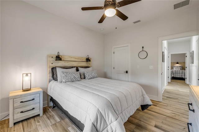 170 Live Oak Ct, New Smyrna Beach, FL 32168 - bedroom with light wood finished floors, visible vents, baseboards, and a ceiling fan