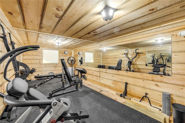 170 Live Oak Ct, New Smyrna Beach, FL 32168 - workout room featuring wooden walls and wooden ceiling