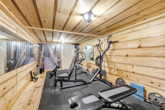 170 Live Oak Ct, New Smyrna Beach, FL 32168 - workout room with wooden walls and wood ceiling