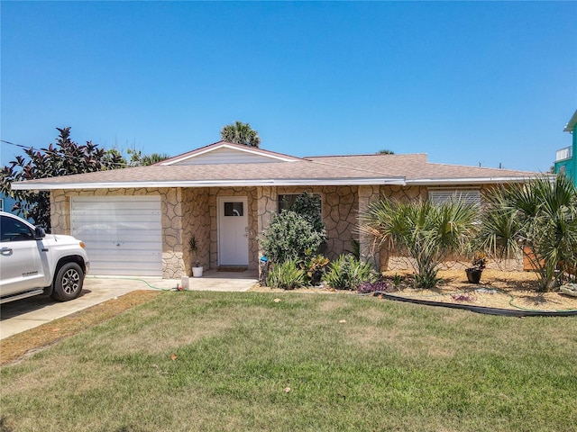 ranch-style house with a garage, a front yard, stone siding, and a shingled roof