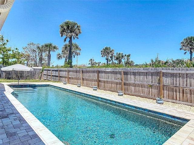 view of pool with a fenced backyard, a fenced in pool, and a patio