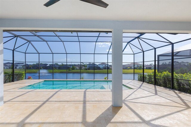 6277 W Fallsgrove Ln, Port Orange, FL 32128 - outdoor pool featuring a patio, a water view, a residential view, a ceiling fan, and a lanai