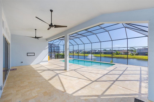6277 W Fallsgrove Ln, Port Orange, FL 32128 - pool with a patio, a residential view, a ceiling fan, and glass enclosure