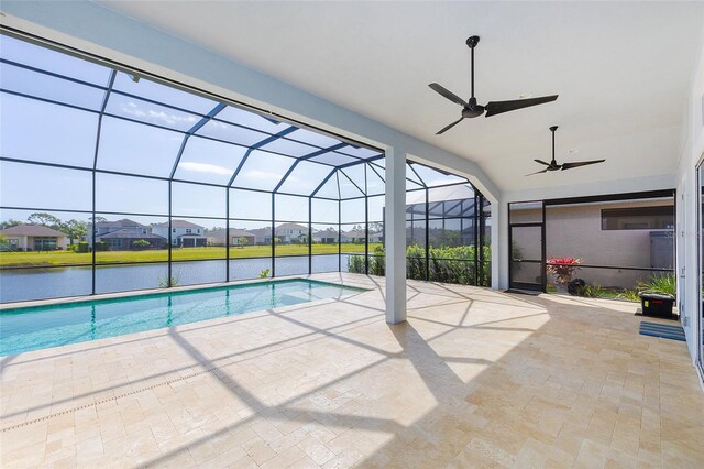 6277 W Fallsgrove Ln, Port Orange, FL 32128 - pool featuring ceiling fan, a patio area, glass enclosure, and a residential view