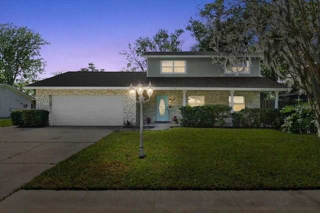 3644 Dame St, Port Orange, FL 32129 - traditional home featuring a shingled roof, a yard, an attached garage, driveway, and stone siding
