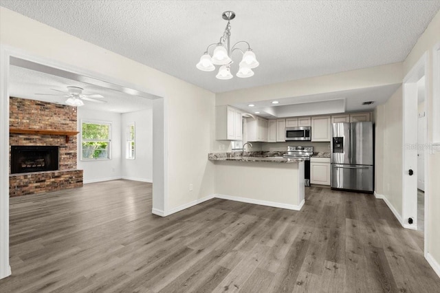kitchen with dark wood-type flooring, open floor plan, stainless steel appliances, and a peninsula