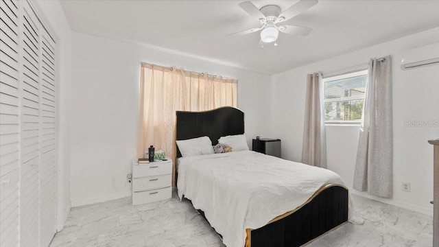557 Berkshire Rd, Daytona Beach, FL 32114 - bedroom with baseboards, a ceiling fan, marble finish floor, and a wall mounted air conditioner