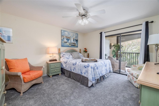 carpeted bedroom with ceiling fan and access to outside