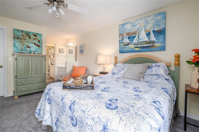carpeted bedroom with a ceiling fan and baseboards