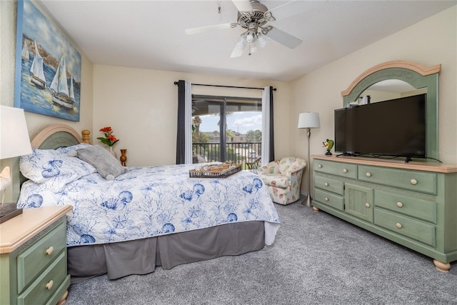carpeted bedroom with ceiling fan and access to outside