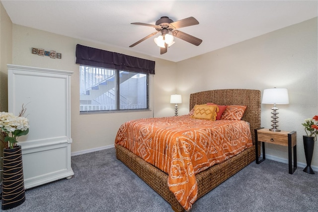 bedroom with baseboards, carpet floors, and ceiling fan