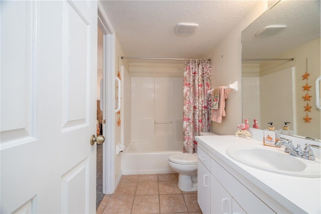 full bath with a textured ceiling, toilet, tile patterned flooring, shower / bath combination with curtain, and vanity