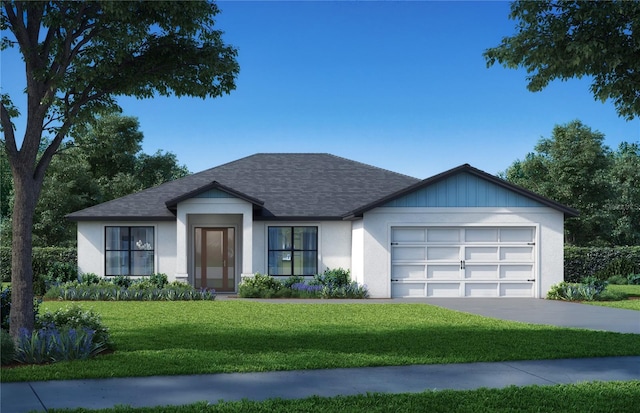 ranch-style home featuring roof with shingles, driveway, a garage, a front yard, and stucco siding