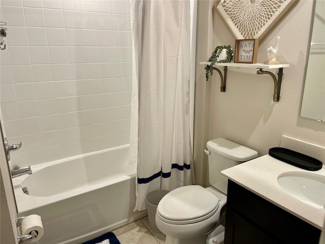 bathroom featuring toilet, vanity, and shower / bathtub combination with curtain