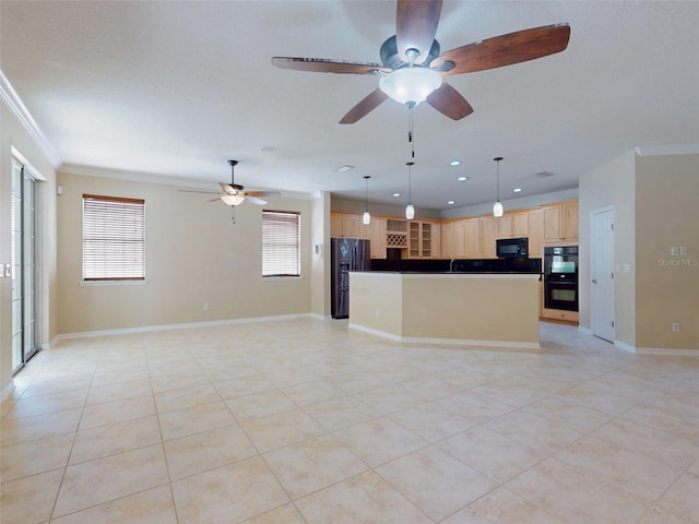 unfurnished living room featuring baseboards, ceiling fan, ornamental molding, and light tile patterned floors