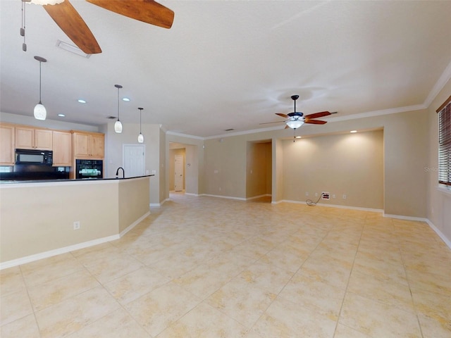 interior space with a ceiling fan, crown molding, light tile patterned floors, baseboards, and recessed lighting