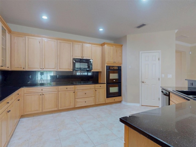 kitchen with visible vents, tasteful backsplash, black appliances, and light brown cabinets