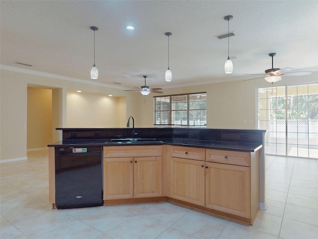 kitchen featuring a ceiling fan, crown molding, dark countertops, dishwasher, and a sink