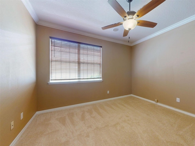 empty room featuring crown molding, carpet floors, and ceiling fan