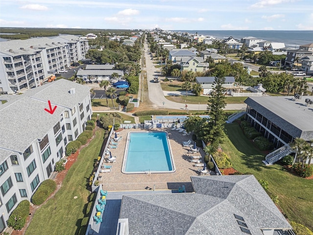 drone / aerial view featuring a water view