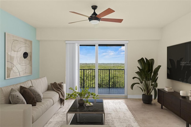 5300 S Atlantic Ave Unit 19-403, New Smyrna Beach, FL 32169 - living room with a ceiling fan and tile patterned flooring