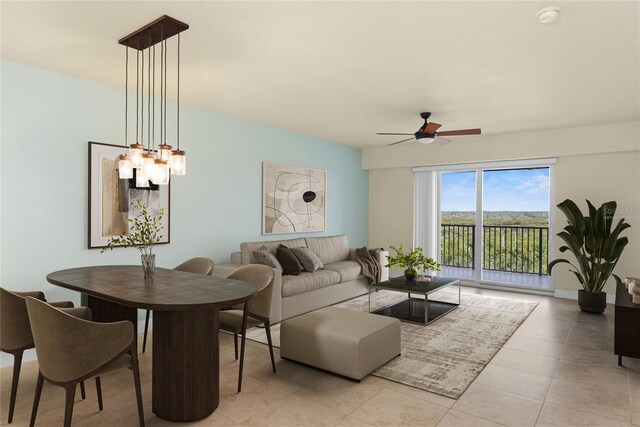 5300 S Atlantic Ave Unit 19-403, New Smyrna Beach, FL 32169 - living area with a ceiling fan and light tile patterned floors
