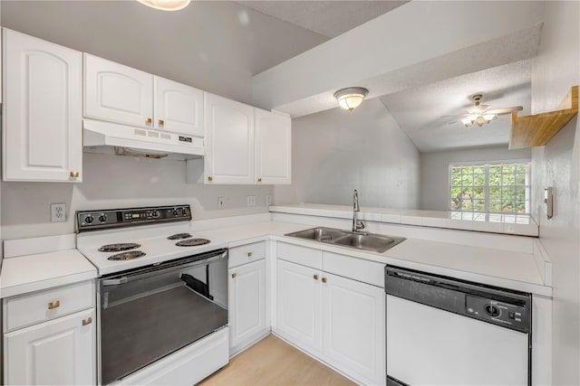 160 Reserve Cir Unit 204, Oviedo, FL 32765 - kitchen featuring a sink, white appliances, a textured ceiling, white cabinetry, and under cabinet range hood