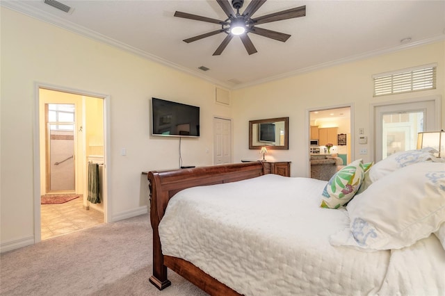 2815 Bay Side Dr, New Smyrna Beach, FL 32168 - bedroom with connected bathroom, crown molding, visible vents, baseboards, and light carpet