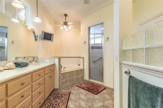 2815 Bay Side Dr, New Smyrna Beach, FL 32168 - full bathroom featuring a shower stall, vanity, a bath, a ceiling fan, and ornamental molding