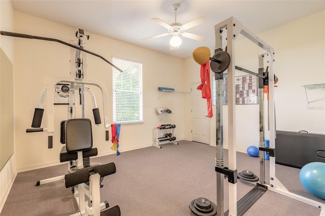 2815 Bay Side Dr, New Smyrna Beach, FL 32168 - exercise room with baseboards, ceiling fan, and carpet