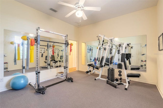 2815 Bay Side Dr, New Smyrna Beach, FL 32168 - workout room with baseboards, visible vents, and ceiling fan