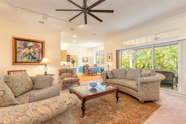 2815 Bay Side Dr, New Smyrna Beach, FL 32168 - living room featuring crown molding, light colored carpet, ceiling fan, recessed lighting, and track lighting