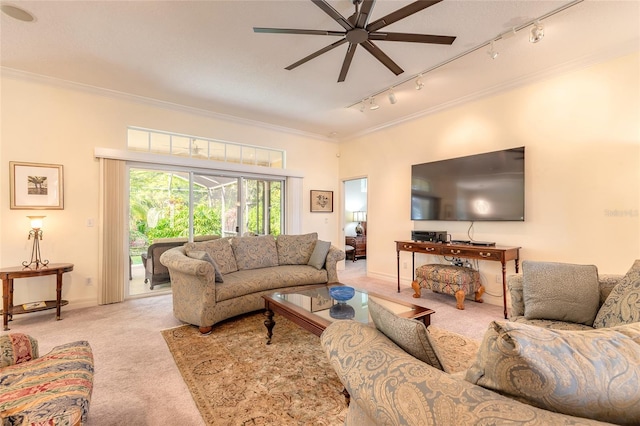 2815 Bay Side Dr, New Smyrna Beach, FL 32168 - living area featuring track lighting, ornamental molding, ceiling fan, and carpet