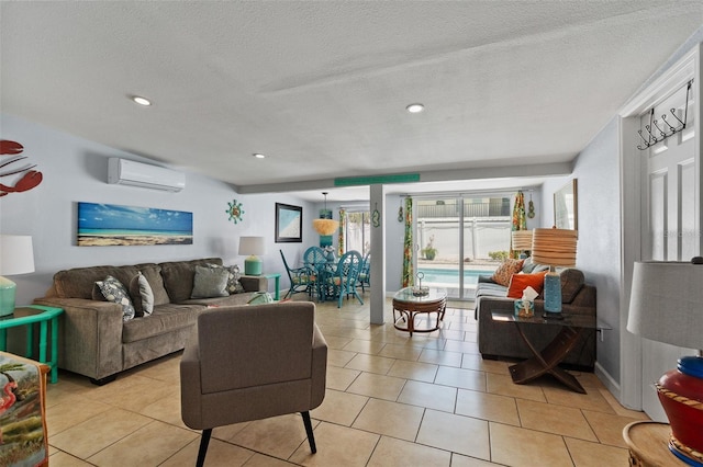 living room with an AC wall unit, a textured ceiling, recessed lighting, and light tile patterned flooring