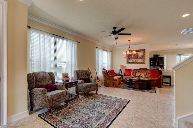 1703 Frogs Leap Ct, Port Orange, FL 32128 - tiled living room with visible vents, crown molding, recessed lighting, and ceiling fan with notable chandelier