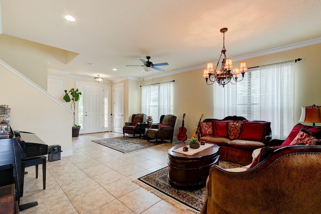 1703 Frogs Leap Ct, Port Orange, FL 32128 - living room featuring stairway, light tile patterned floors, ceiling fan with notable chandelier, and crown molding