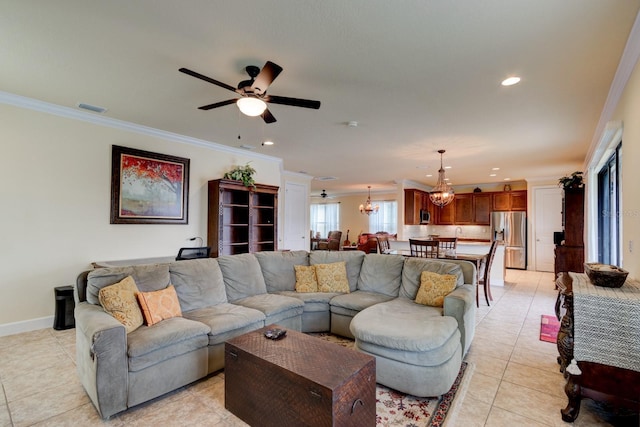 1703 Frogs Leap Ct, Port Orange, FL 32128 - living room with recessed lighting, light tile patterned floors, crown molding, visible vents, and ceiling fan with notable chandelier