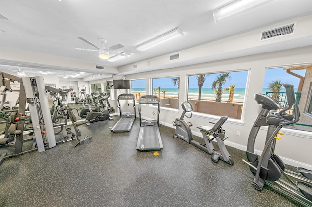 gym with a ceiling fan, baseboards, and visible vents