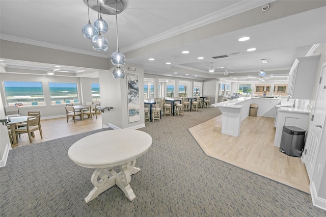 interior space with a water view