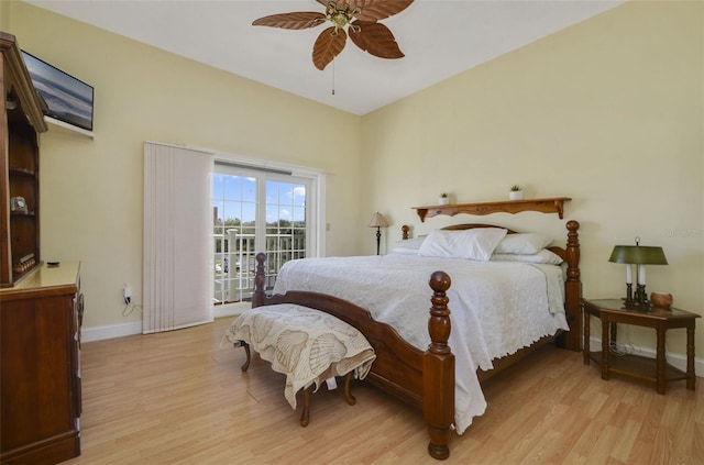 bedroom with baseboards, access to outside, light wood finished floors, and ceiling fan
