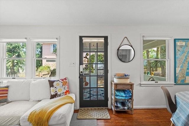 doorway with baseboards, wood finished floors, and a healthy amount of sunlight