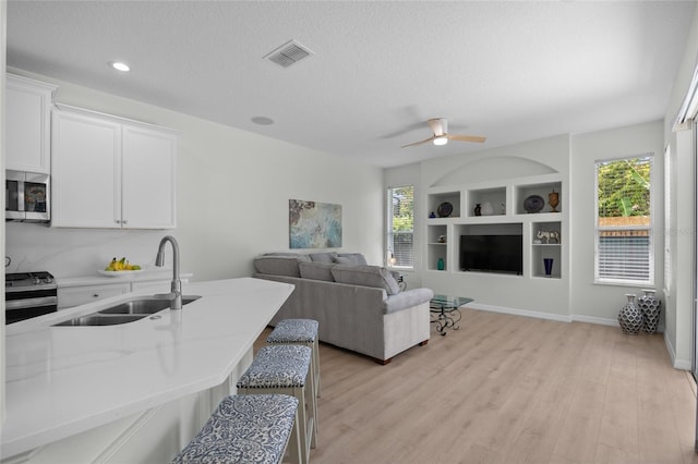 11222 Rapallo Ln, Windermere, FL 34786 - living area with plenty of natural light, light wood finished floors, a ceiling fan, a textured ceiling, and built in features