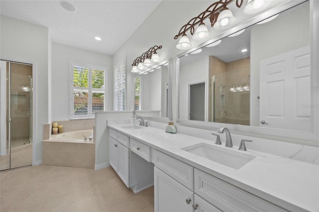 11222 Rapallo Ln, Windermere, FL 34786 - bathroom featuring a stall shower, double vanity, a garden tub, tile patterned flooring, and recessed lighting