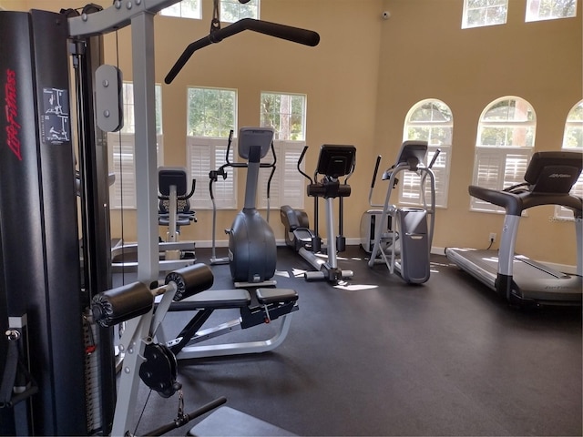 11222 Rapallo Ln, Windermere, FL 34786 - exercise room featuring a towering ceiling and baseboards