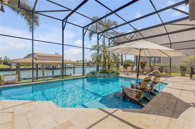 outdoor pool featuring a water view, a lanai, and a patio area