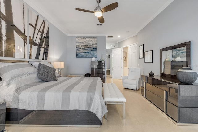 bedroom with visible vents, ornamental molding, a ceiling fan, and recessed lighting
