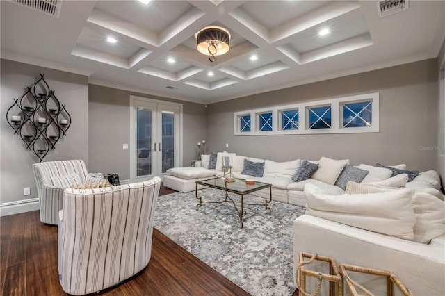 6771 Turtlemound Rd, New Smyrna Beach, FL 32169 - living area with beamed ceiling, visible vents, french doors, and dark wood-type flooring