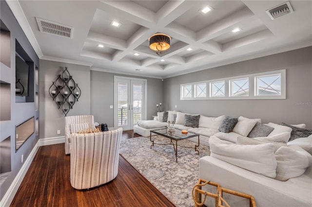 6771 Turtlemound Rd, New Smyrna Beach, FL 32169 - living area with beam ceiling, visible vents, dark wood-style flooring, and baseboards